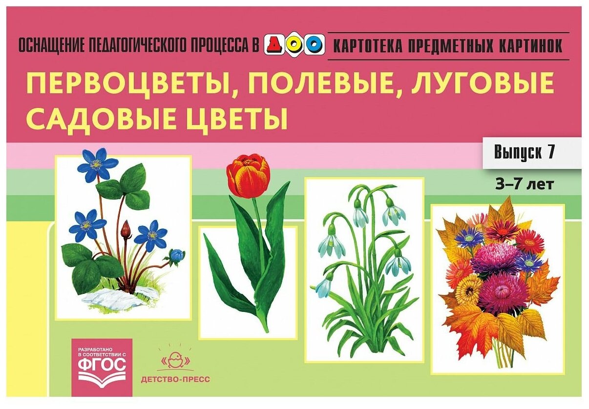 Картотека предметных картинок. Выпуск 7. 3-7 лет. Первоцветы, Полевые, Луговые, Садовые Цветы ФГОС - фото №1