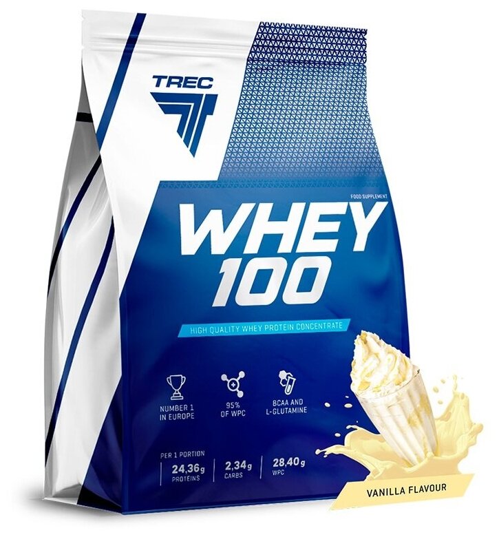 Протеин сывороточный 900 гр, для набора мышечной массы, Trec Nutrition Whey 100, вкус: ваниль