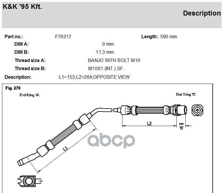 Шланг тормозной задн прав BMW: X5 3.0I 00- - K&k арт. FT6217