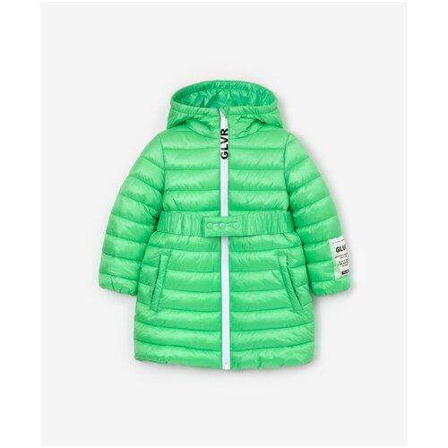 фото Пальто демисезонное стеганое с капюшоном зеленое gulliver, для девочек, размер 116, мод 12302gmc4503