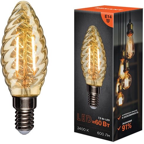 Лампочка филаментная REXANT Витая свеча LCW35 7.5 Вт 600 Лм 2700K E14 золотистая колба