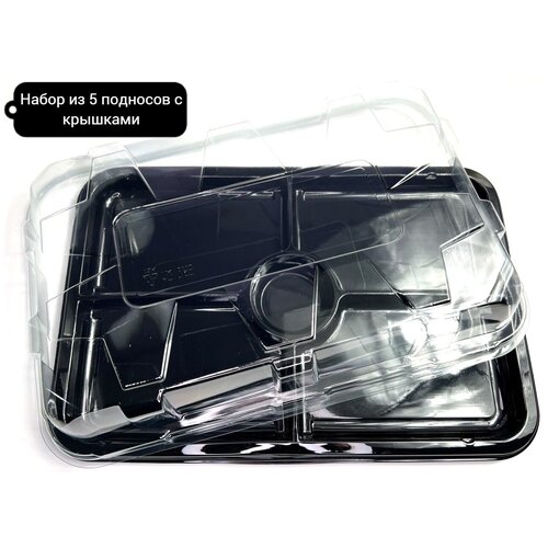 Поднос (блюдо) PLATTER 4 секции с соусником, 460х300х25мм, с прозрачной крышкой (для закусок, сервировки, фуршета), PET (ПЭТ) пластик, 5шт