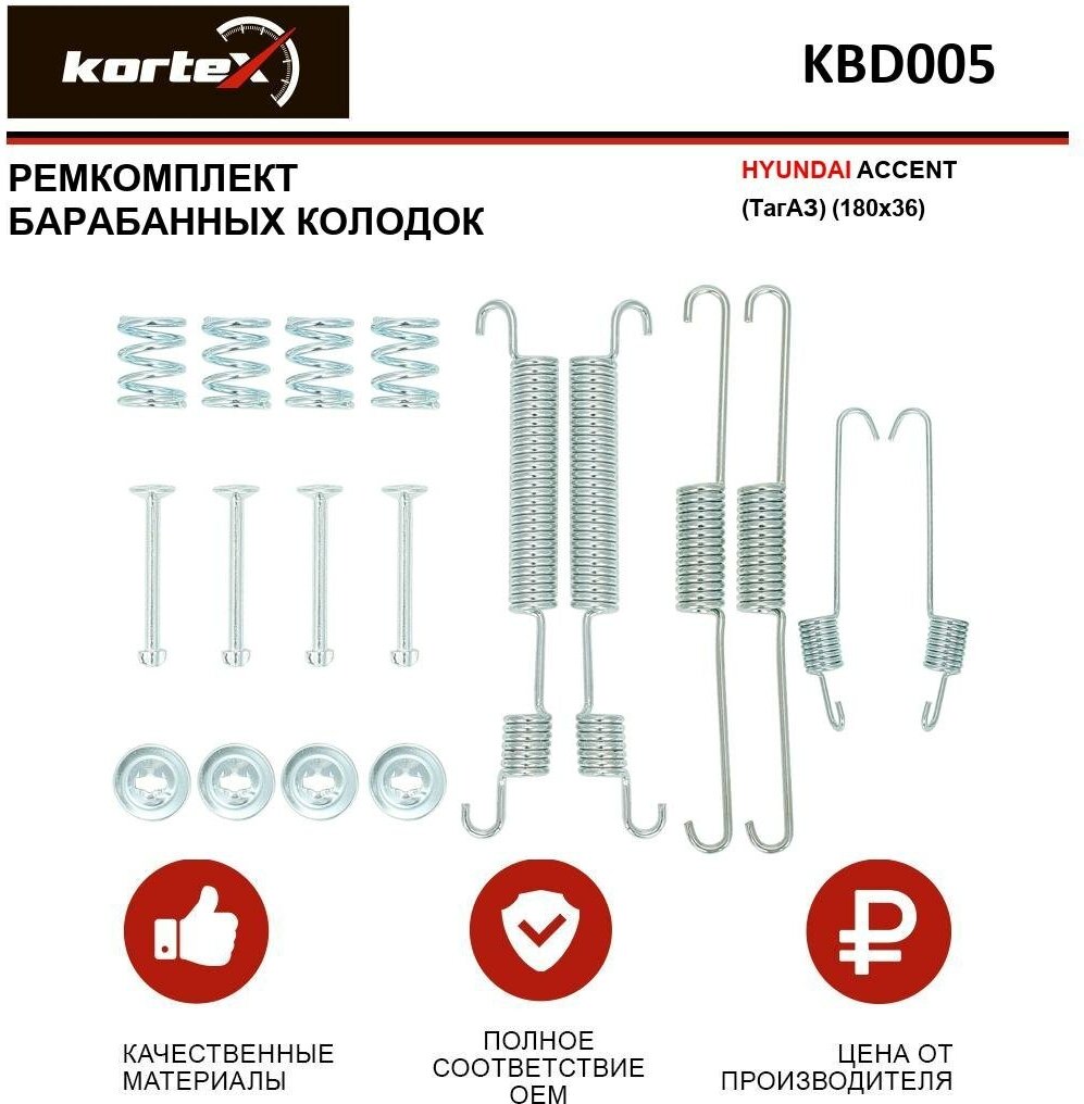 Ремкомплект барабанных колодок Kortex для Hyundai Accent (ТагАЗ) (180x36) OEM 1987475296, 97016500, KBD005, SFK358