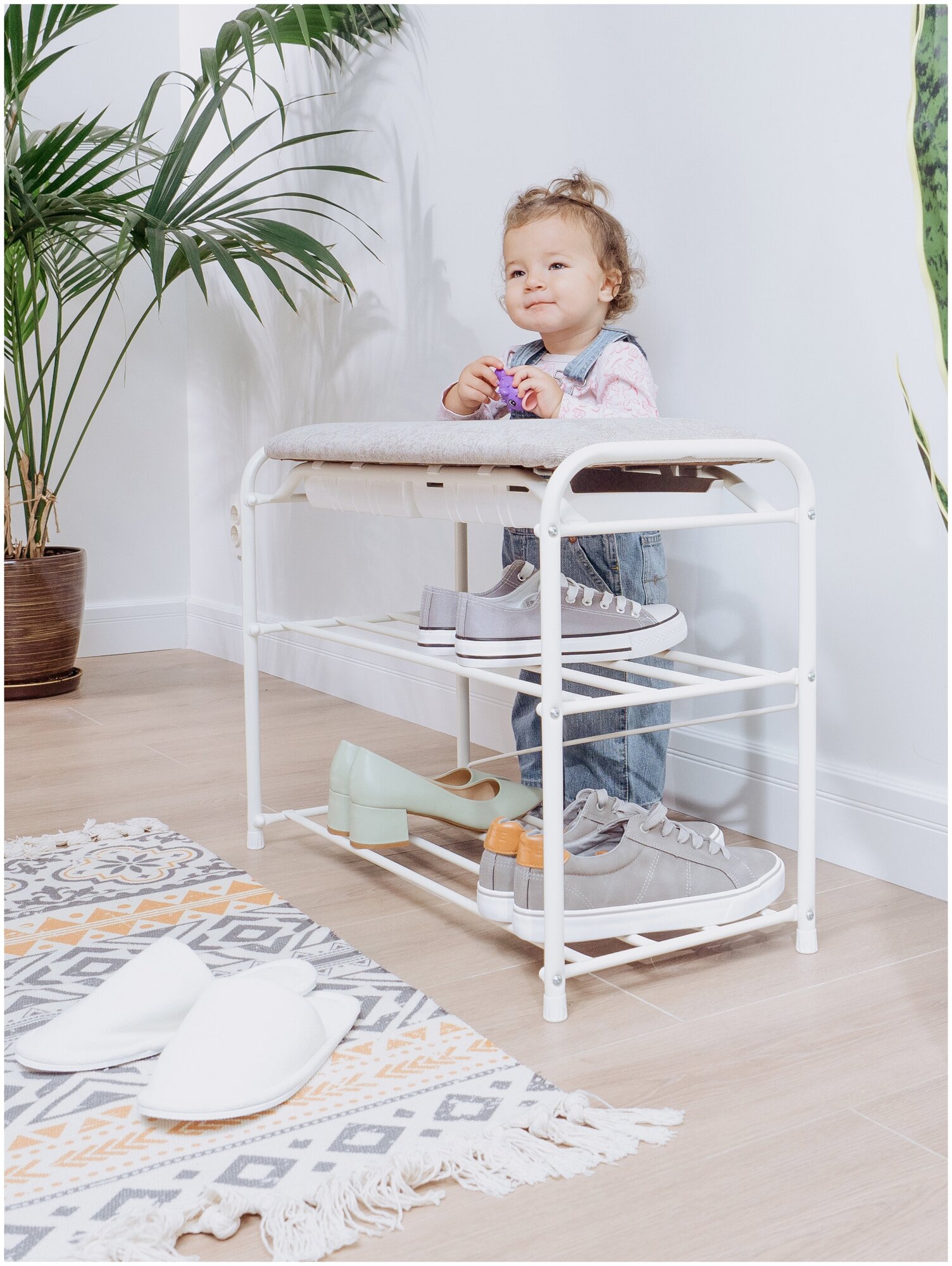 Обувница ЗМИ, Этажерка для обуви "Уют 23", 2 полки, с сиденьем и ящиком, 6 пар обуви, 65х30х48 см, цвет белый