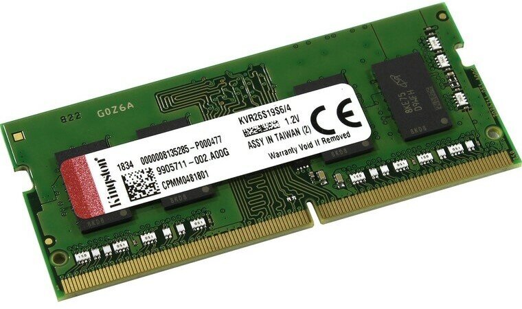 Память SODIMM DDR4 PC4-21300 Kingston KVR26S19S6/4, 4Гб, 1.2 В