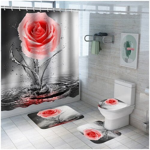 Штора для ванной / душа водоотталкивающая, текстильная с кольцами, 180 x 180 см Роза
