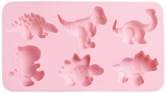 Силиконовая форма для конфет, льда, желе, шоколада Динозавры, 6 ячеек, цвет розовый, 28х16,2х2,5 см, Kitchen Angel KA-SFRM26-02
