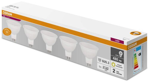 Упаковка светодиодных ламп 5 шт. LEDVANCE LED Value LVMR1650 6SW/830, GU5.3, MR16, 6 Вт, 3000 К