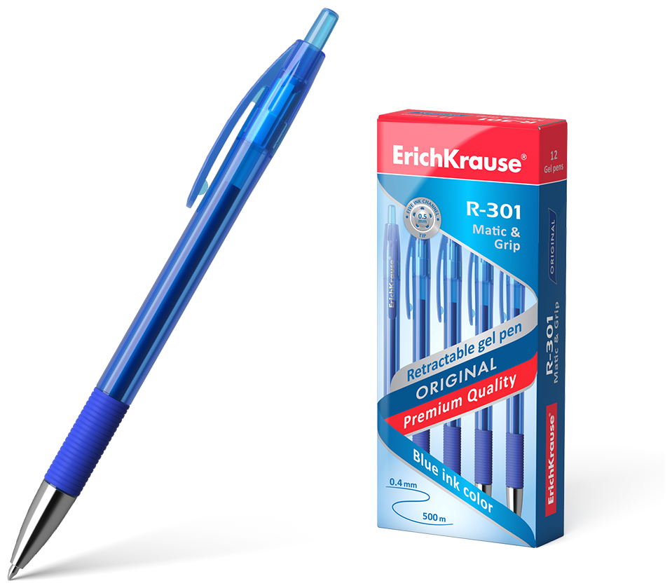 Ручка гелевая ErichKrause R-301 Original Gel Matic & Grip, чернила синие, узел 0.5 мм, автоматическая