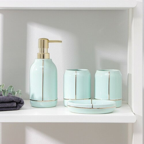 FlowMe Набор аксессуаров для ванной комнаты «Лайн», 4 предмета (дозатор 400 мл, мыльница, 2 стакана), цвет зелёный