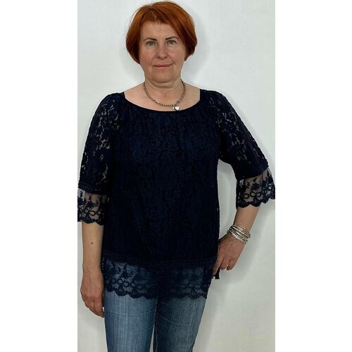 Блуза , нарядный стиль, прямой силуэт, укороченный рукав, трикотажная, однотонная, размер 50-52, синий