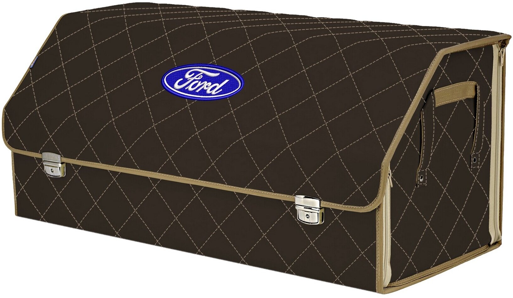 Органайзер-саквояж в багажник "Союз Премиум" (размер XXL). Цвет: коричневый с бежевой прострочкой Ромб и вышивкой Ford (Форд).