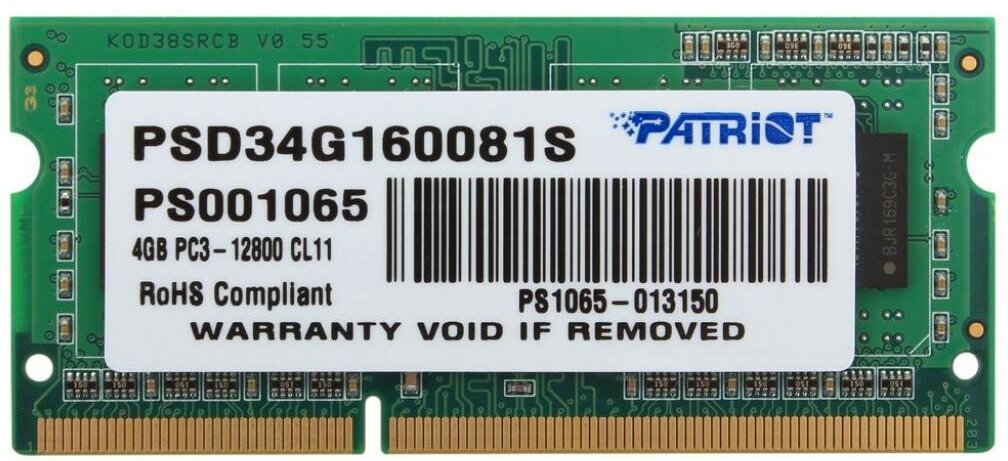 Модуль памяти для ноутбука sodimm 4gb pc12800 ddr3 psd34g160081s patriot