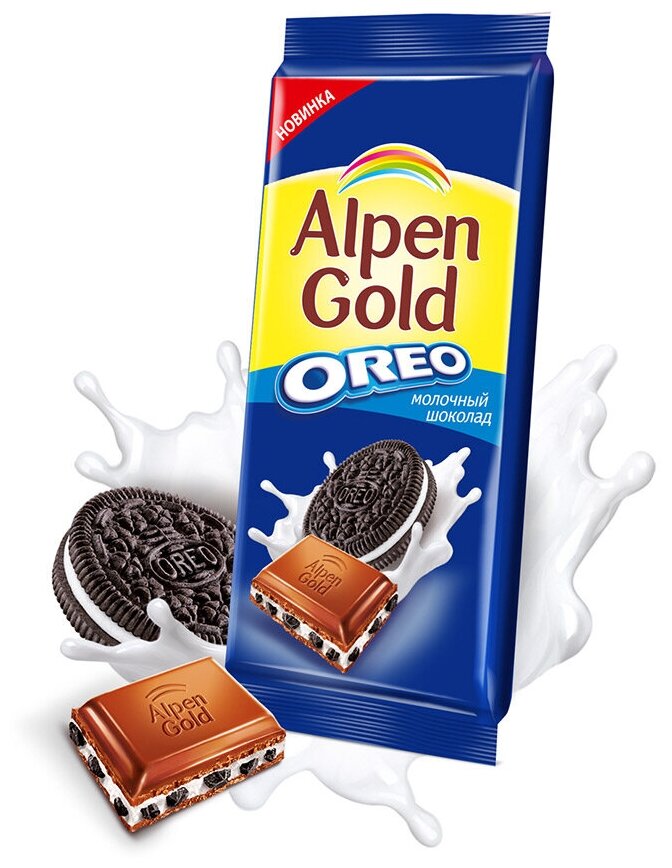 Шоколад Alpen Gold Oreo молочный с дробленым печеньем "Орео", 90 г - фотография № 2