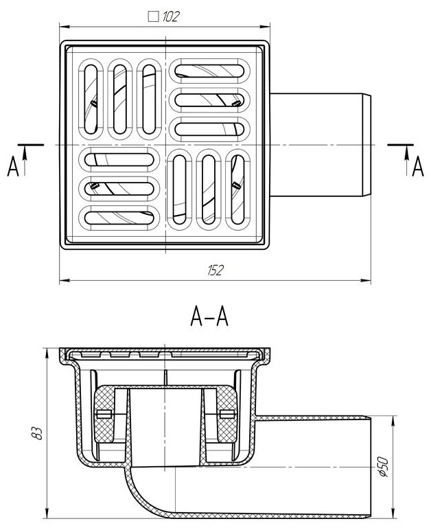 Трап горизонтальный 050 нерж. решетка 100х100 (TQ5102) сухой затвор