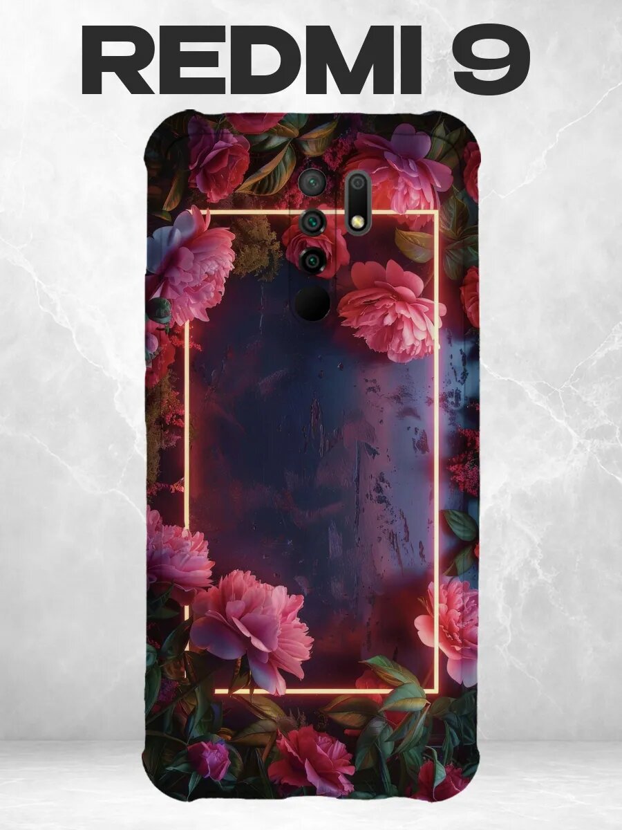 Чехол на Xiaomi Redmi 9 с принтом Темная рамка с красными ро