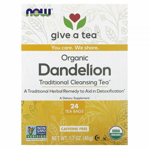 NOW Foods, Organic Dandelion Traditional Cleansing Tea, Caffeine-Free, 24 Tea Bags, 1.7 oz (48 g)