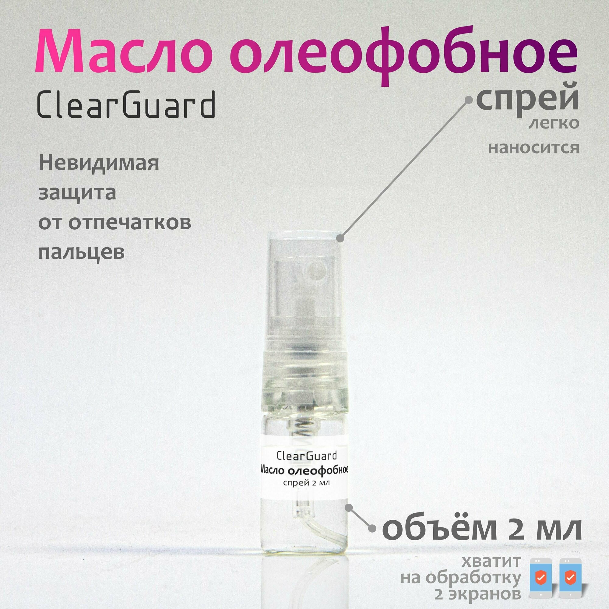 Олеофобное покрытие ClearGuard, масло, жидкость, спрей для защиты и восстановления экрана телефона 2мл