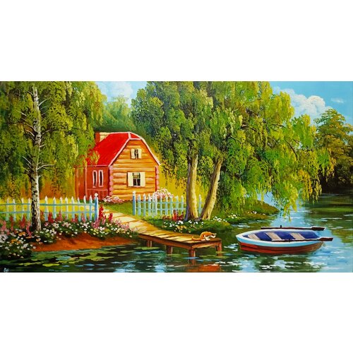 Картина маслом на холсте. Живопись. 100% ручная работа. Художественная мастерская Грёзы. Сказочный пейзаж с кошечкой. Размер картины 50х90 см.