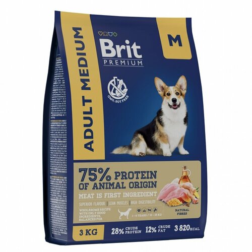 Brit Premium для взрослых собак средних пород 10-25кг, с курицей 3кг
