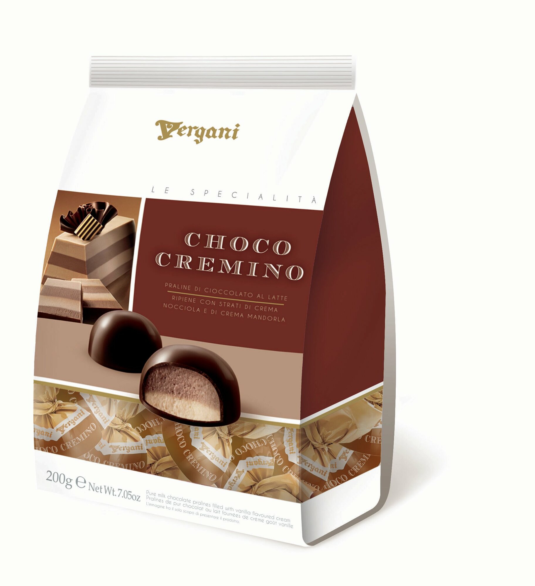 Конфеты Итальянские Vergani Choco Cremino, пралине из молочного шоколада с начинкой из слоев орехового крема, 200г