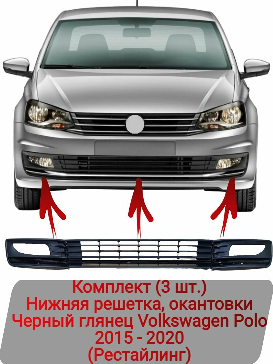 Нижняя решетка окантовки Комплект (3 шт.) Черный глянец Volkswagen Polo (2015-2020)