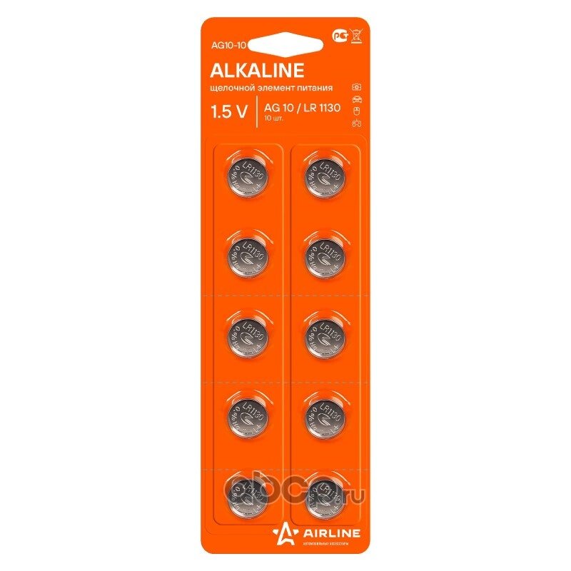 Батарейка литиевая AIRLINE Alkaline AG10 1,5V AG10-10
