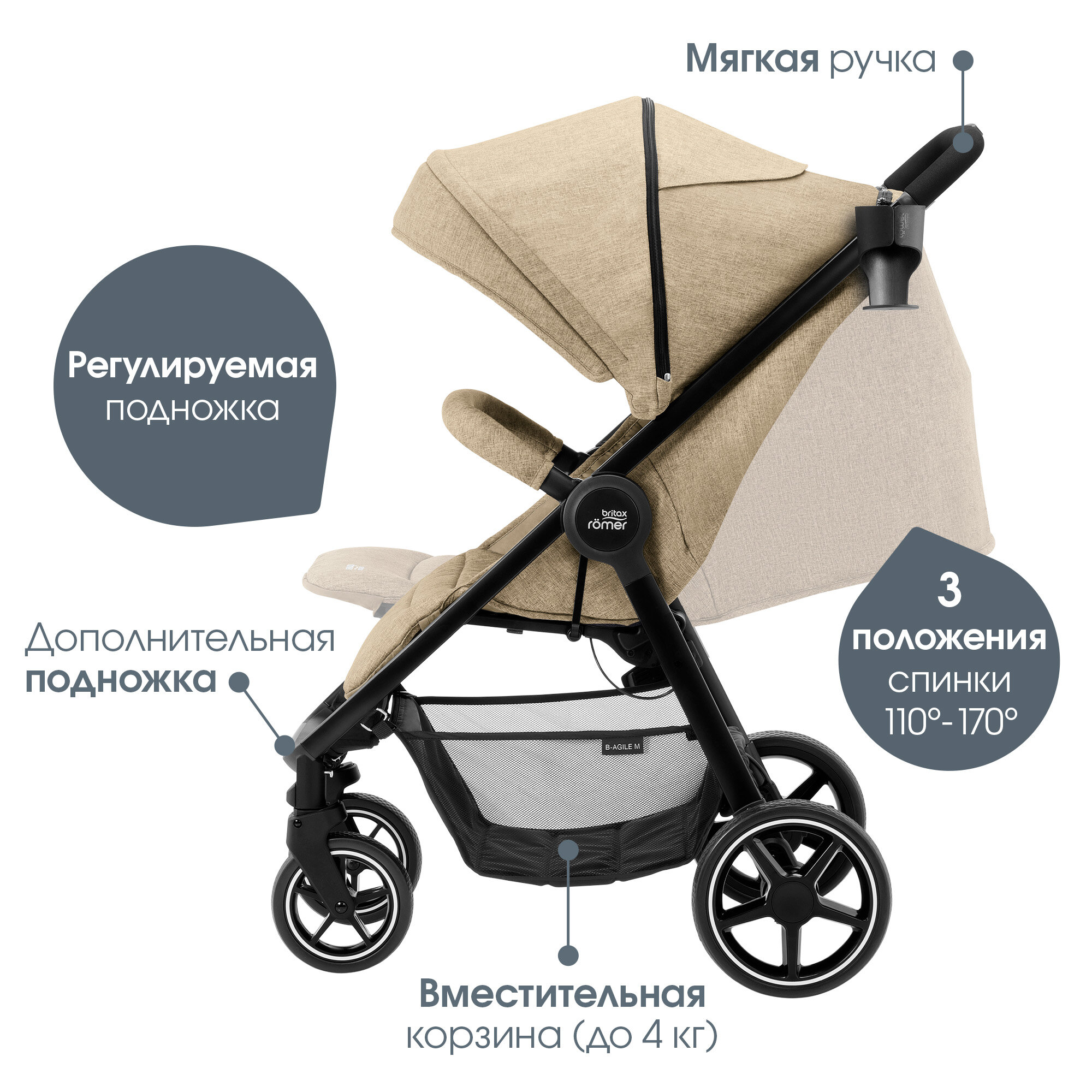 Прогулочная коляска BRITAX ROEMER B-Agile M, Linen Beige [2000032525] - фото №3