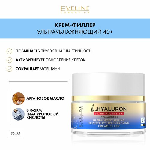 EVELINE Ультраувлажняющий крем-филлер 40+ дневной/ночной серии bioHYALURON 3 x RETINOL SYSTEM 50мл eveline cosmetics омолаживающий крем филлер biohyaluron 3 x retinol system 50 против морщин дневной ночной 50 мл