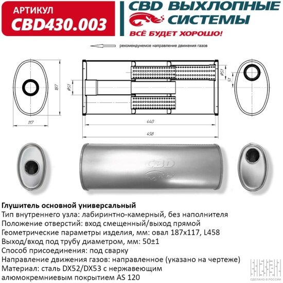 Глушитель Cbd нержавеющий, овал D187x117, L458, отверстия с разных сторон по центру/смещенное (1:1) под, 430.003