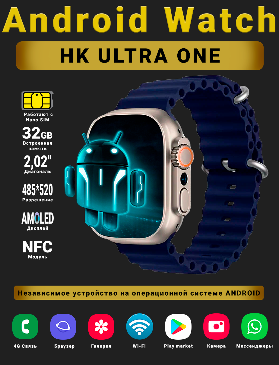 Смарт часы Android Watch HK Ultra One, Умные часы PREMIUM Series, наручные мужские и женские, AMOLED дисплей 485*520, Wi-fi, Bluetooth, Sim-карта, 4G, Звонки, 2 ремешка, Темно-синий