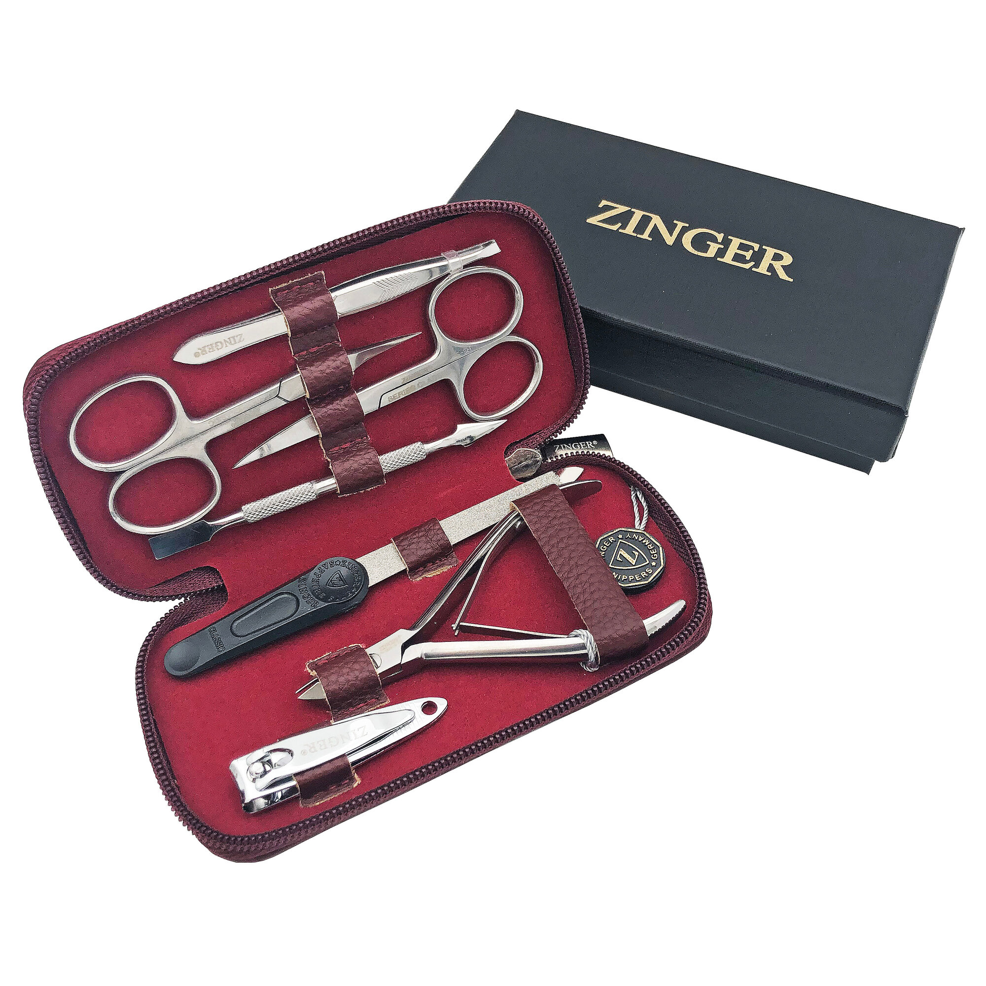 Маникюрный набор Zinger 7105, 7 предметов, серебристый/бордовый