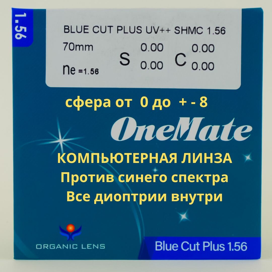 Линзы для очков сфера 075  компьютерные blue blocker защита от синего спектра покрытие UV SHMC