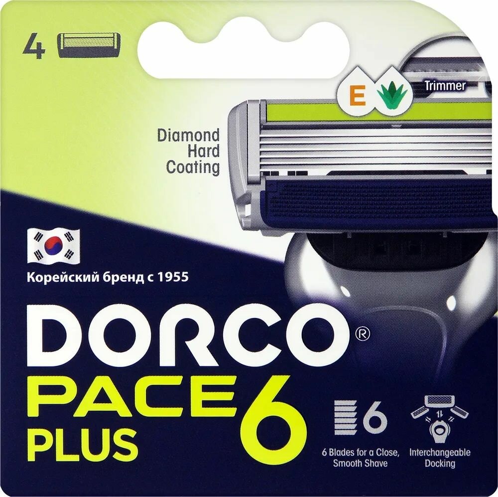Dorco Сменные кассеты PACE6 Plus, 6-лезвийные + лезвие-триммер, крепление PACE, увл. полоса (4 сменные кассеты)