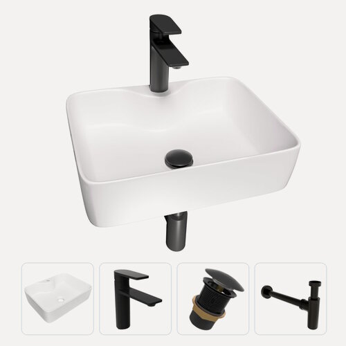 Изображение товара Раковина накладная для ванной Teymi Helmi S 48 в комплекте смеситель черный матовый донный клапан клик-клак без перелива черный и сифон черный F13117