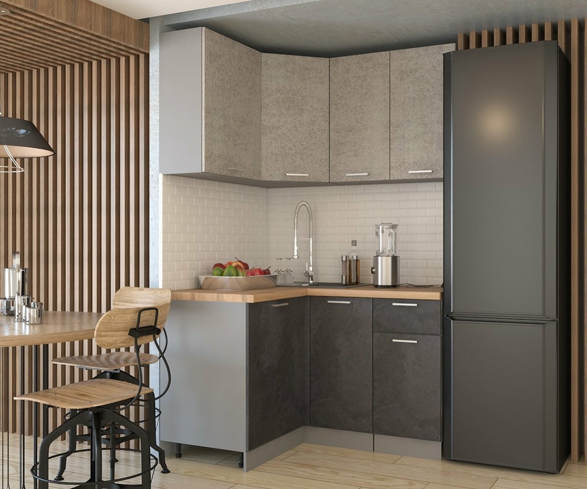 Кухонный угловой гарнитур Лофт, 1200х1400 мм, бетон светлый/бетон темный