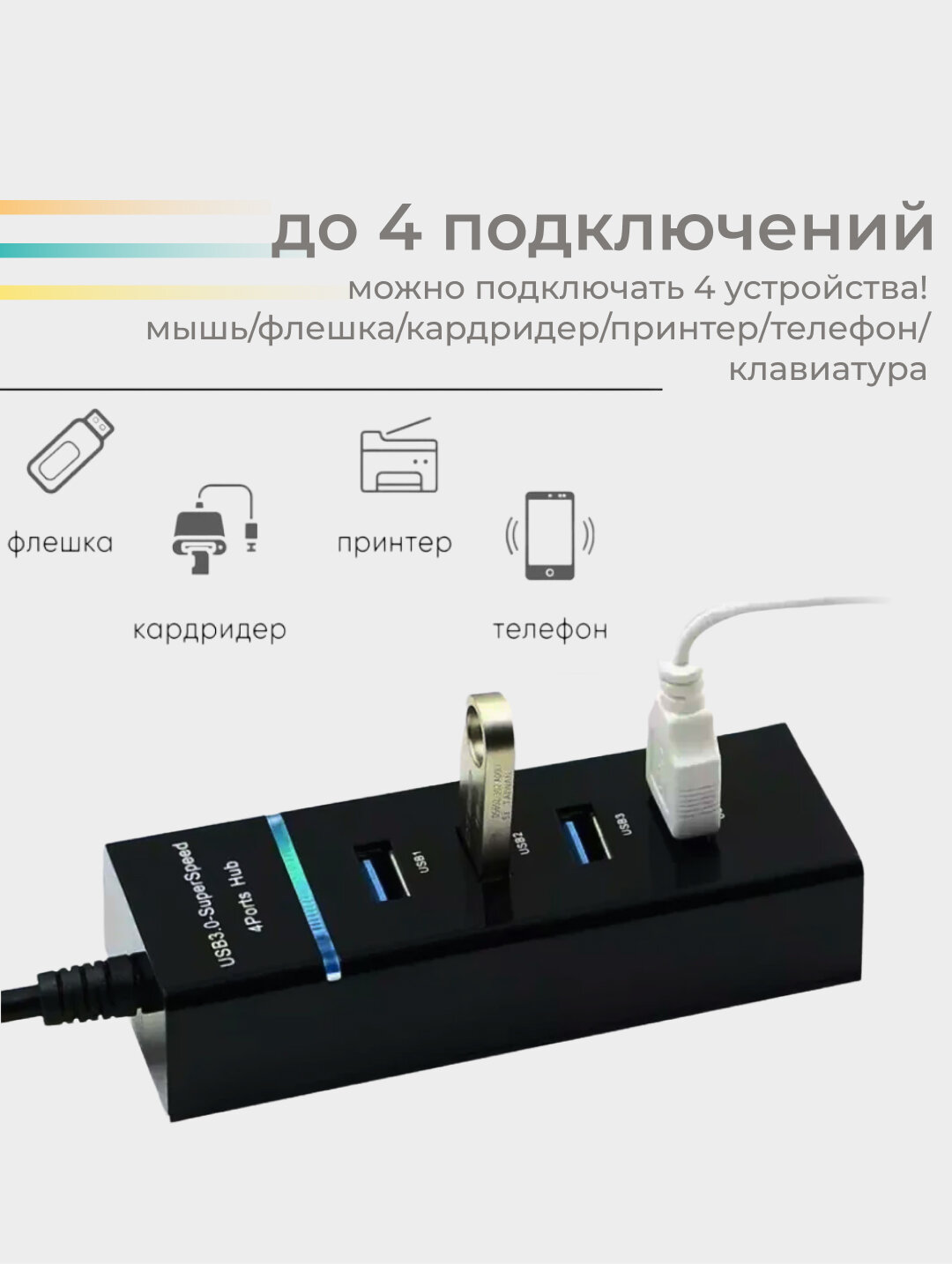 USB HUB разветвитель 1.2 метра 4 порта для периферийных устройств — фото 1