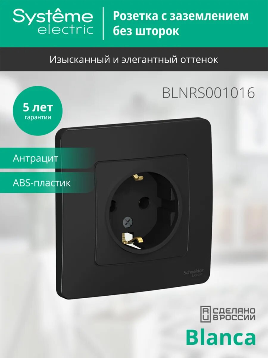 Розетка Systeme Electric Blanca с заземлением, без шторок, 16А, 250В, в сборе, антрацит