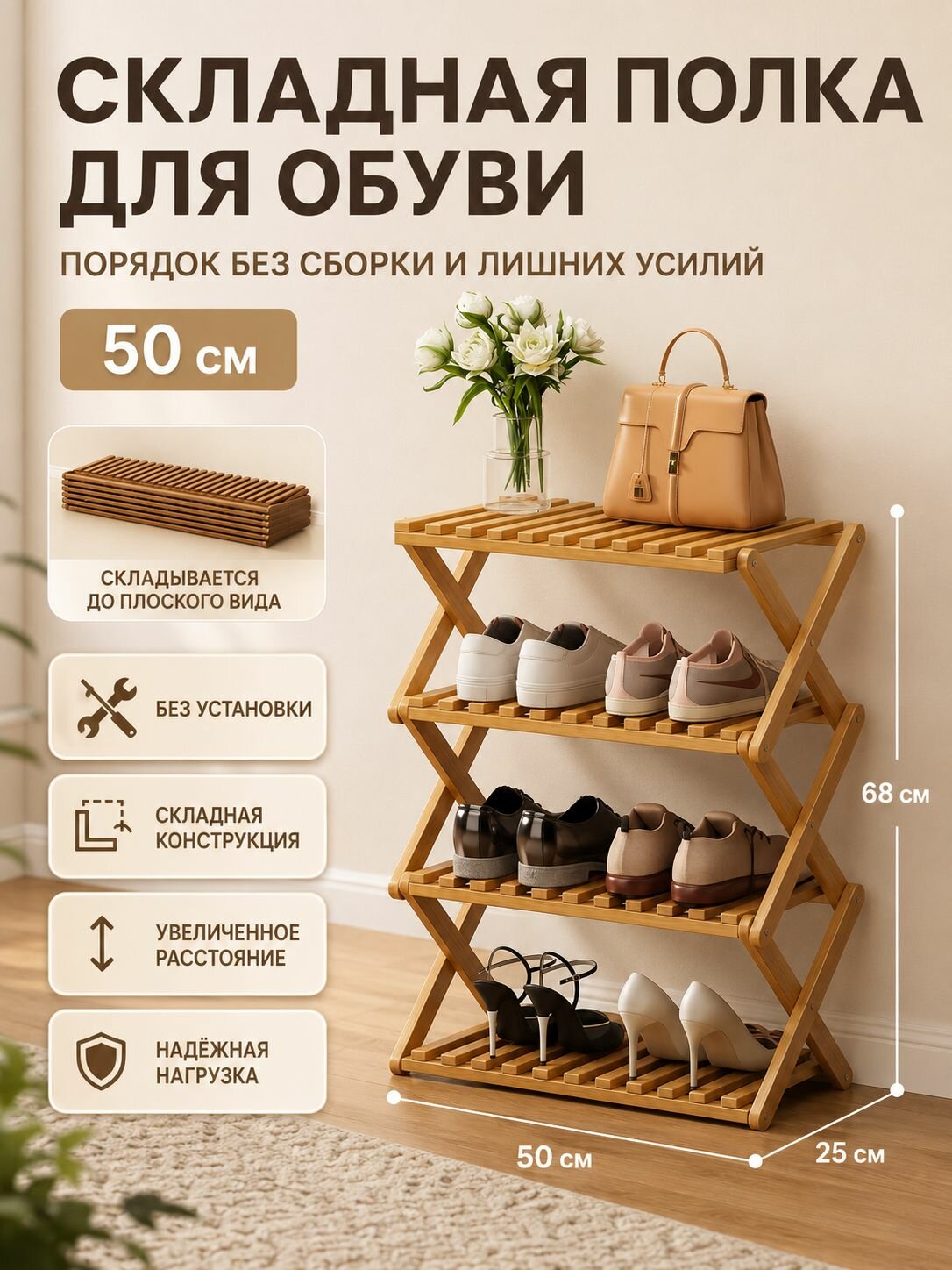 Обувница складная из бамбука 50х25х68 сантиметров для прихожей, Вместительный стеллаж на несколько пар обуви