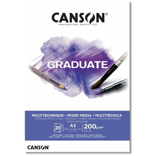 Canson Склейка "Graduate", Mix media, по короткой, белый 20л, A3, 200г/м2, среднезернистая
