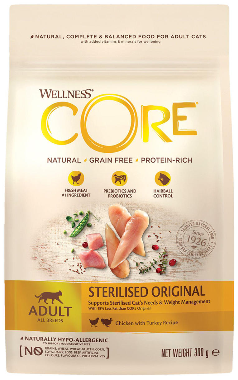 WELLNESS CORE ORIGINAL CAT ADULT STERILISED беззерновой для взрослых кастрированных котов и стерилизованных кошек с курицей и индейкой (0,3 кг)