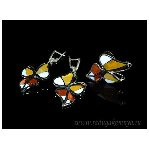 фото Комплект бижутерии: серьги, кольцо, кристалл, размер кольца 17, мультиколор кольцо и серьги мозаика "бабочки" с яшмой и кахолонгом, размер-17.