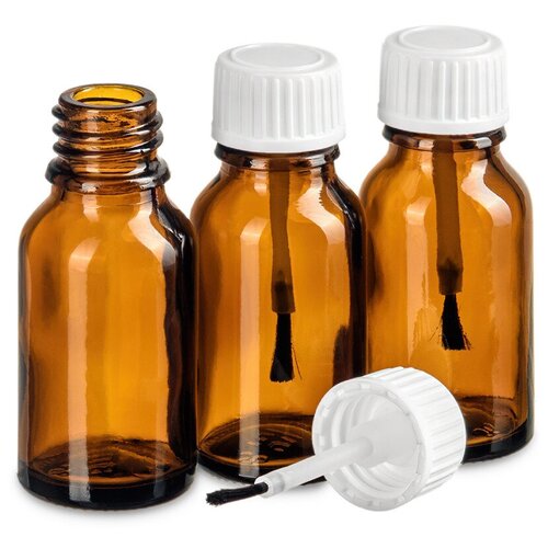 Флакон 15 мл стеклянный с пластиковой крышкой с кисточкой. Набор 3 штуки..