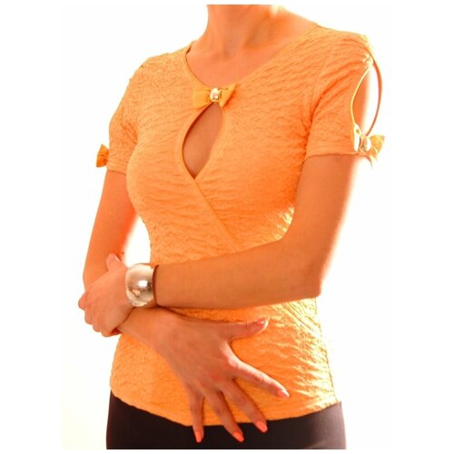 фото Блуза thedistinctive, нарядный стиль, прилегающий силуэт, короткий рукав, размер m, оранжевый