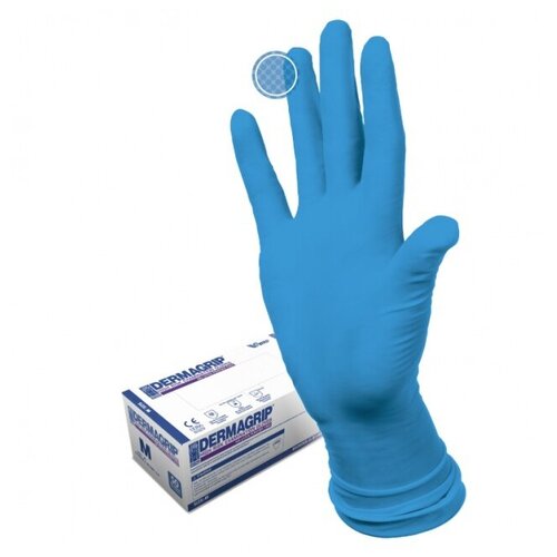 Перчатки латексные сверхпрочные Dermagrip High Risk, хозяйственные, цвет: синий, размер M, 25 пар в упаковке.
