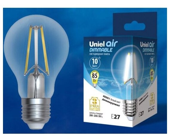 Светодиодная лампа Uniel LED-A60-10W/4000K/E27/CL/DIM GLA01TR диммируемая. Форма "А", прозрачная. Серия Air. Белый свет (4000K). Картон.