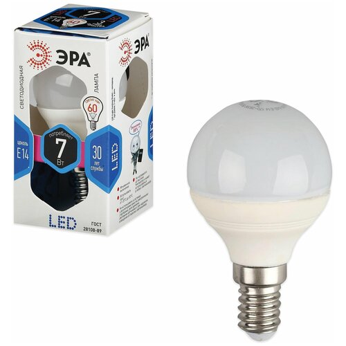 Лампа светодиодная ЭРА, 7 (60) Вт, цоколь E14, шар, холодный белый свет, 30000 ч, LED smdP45-7w-840-E14