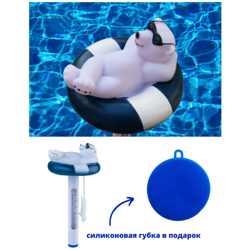 Термометр для бассейна KF, медведь в очках и силиконовая губка