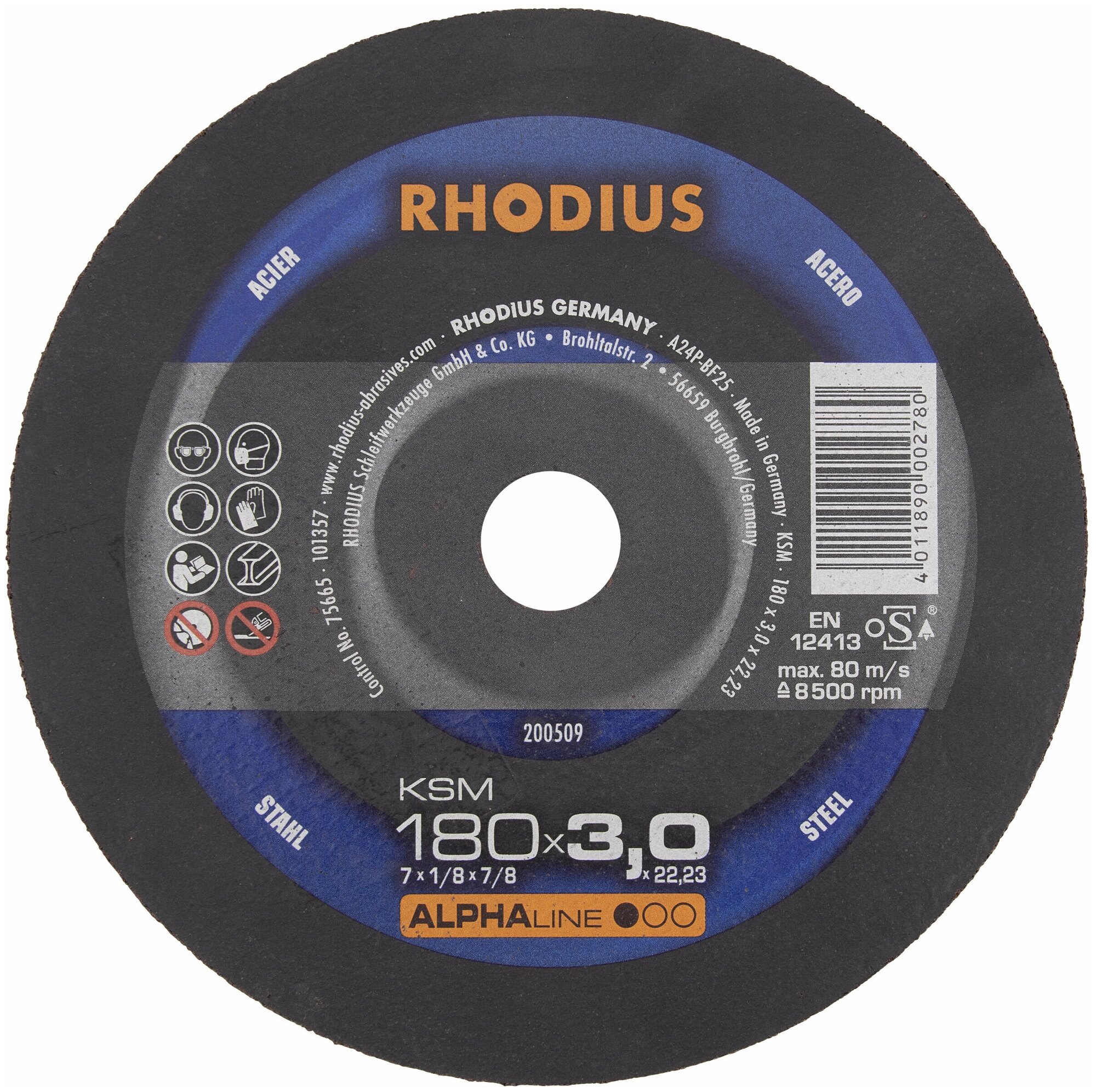 Отрезной прямой тонкий диск RHODIUS по стали KSM для болгарки/УШМ, чистый рез без искр, 180 x 3,0 x 22,23 мм