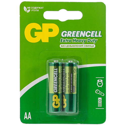 Батарейка солевая GP Greencell Extra Heavy Duty, AA, R6-2BL, 1.5В, блистер, 2 шт. батарейки gp батарейка солевая gp greencell extra heavy duty aaa r03 2bl 1 5в блистер 2 шт